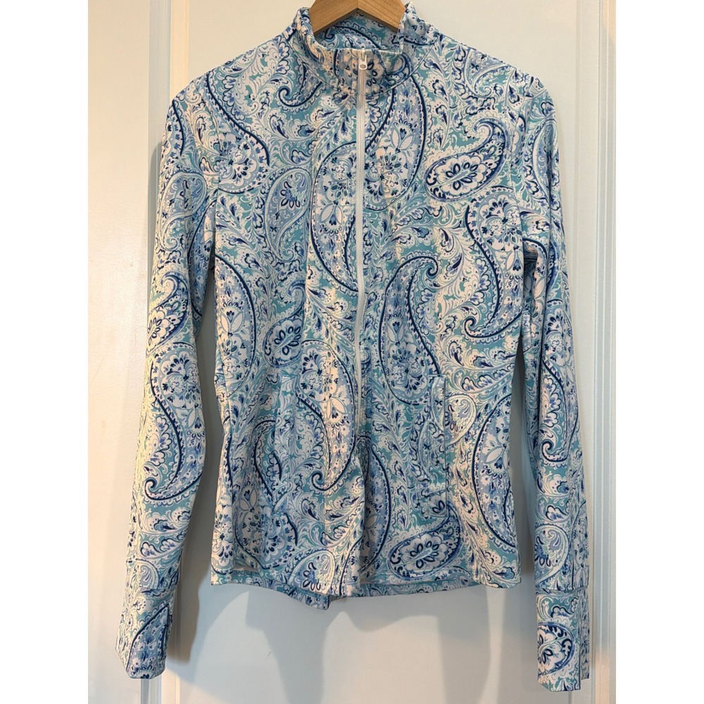 Sigrid Olsen Golf Tennis Blue Paisley Full Zip Jacket Thumbholes Womens Medium